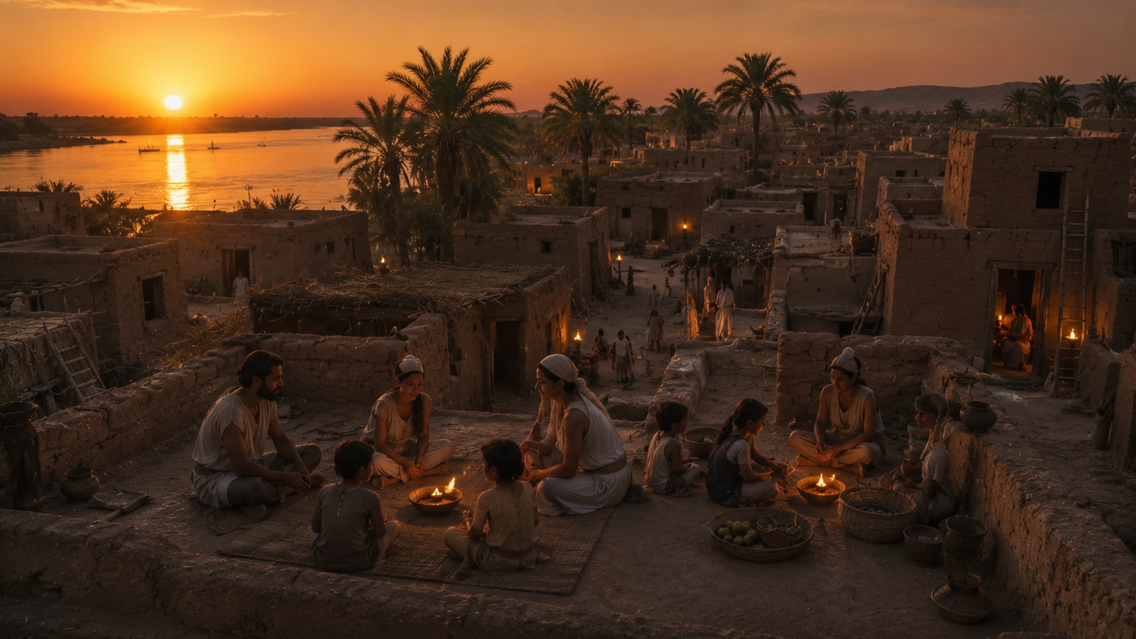 Ancient Egyptian families gathering at sunset after a day of work