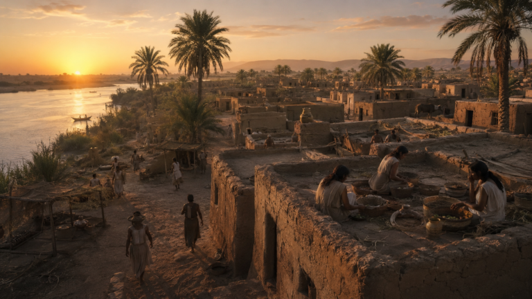 Ancient Egyptian family beginning daily activities inside a mud-brick home