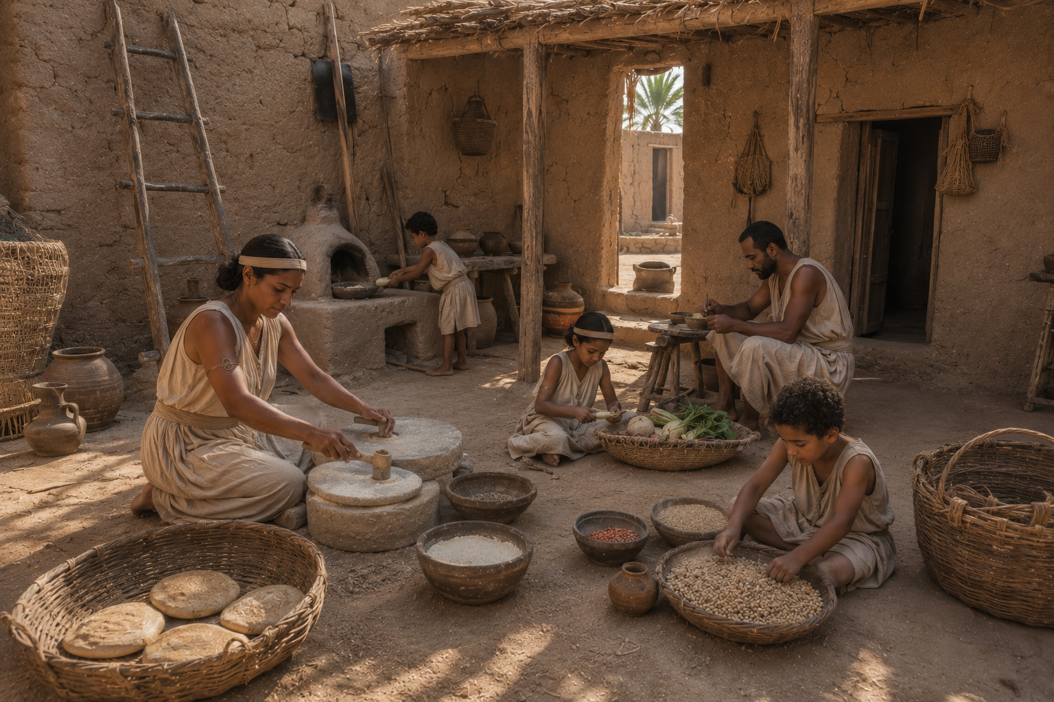 Ancient Egyptian family inside a household courtyard