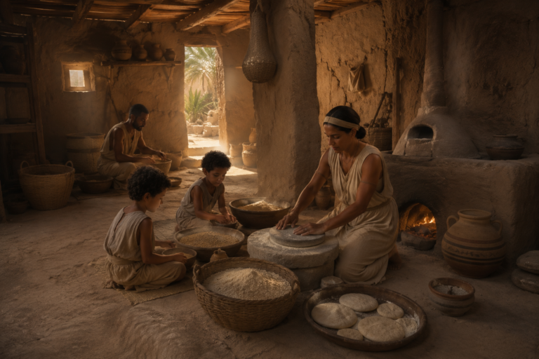Ancient Egyptian family preparing bread before sunrise