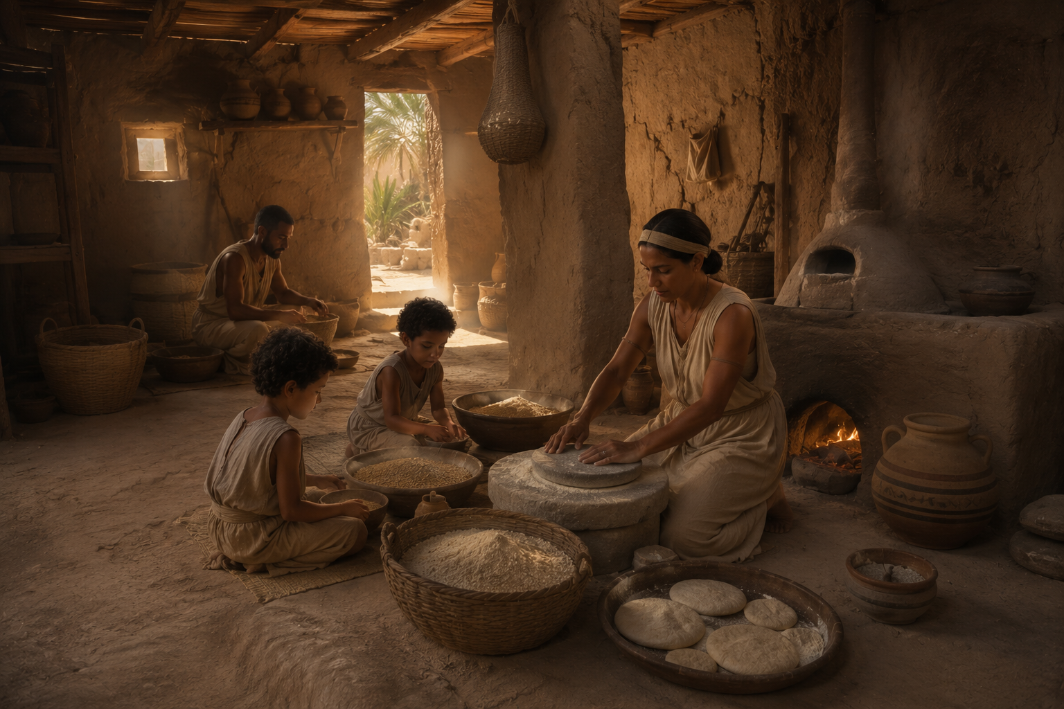 Ancient Egyptian family preparing bread before sunrise