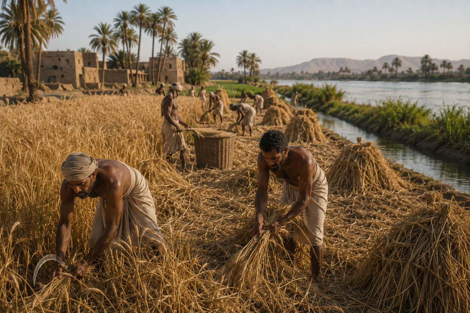 Ancient Egyptian farmers harvesting grain near the Nile