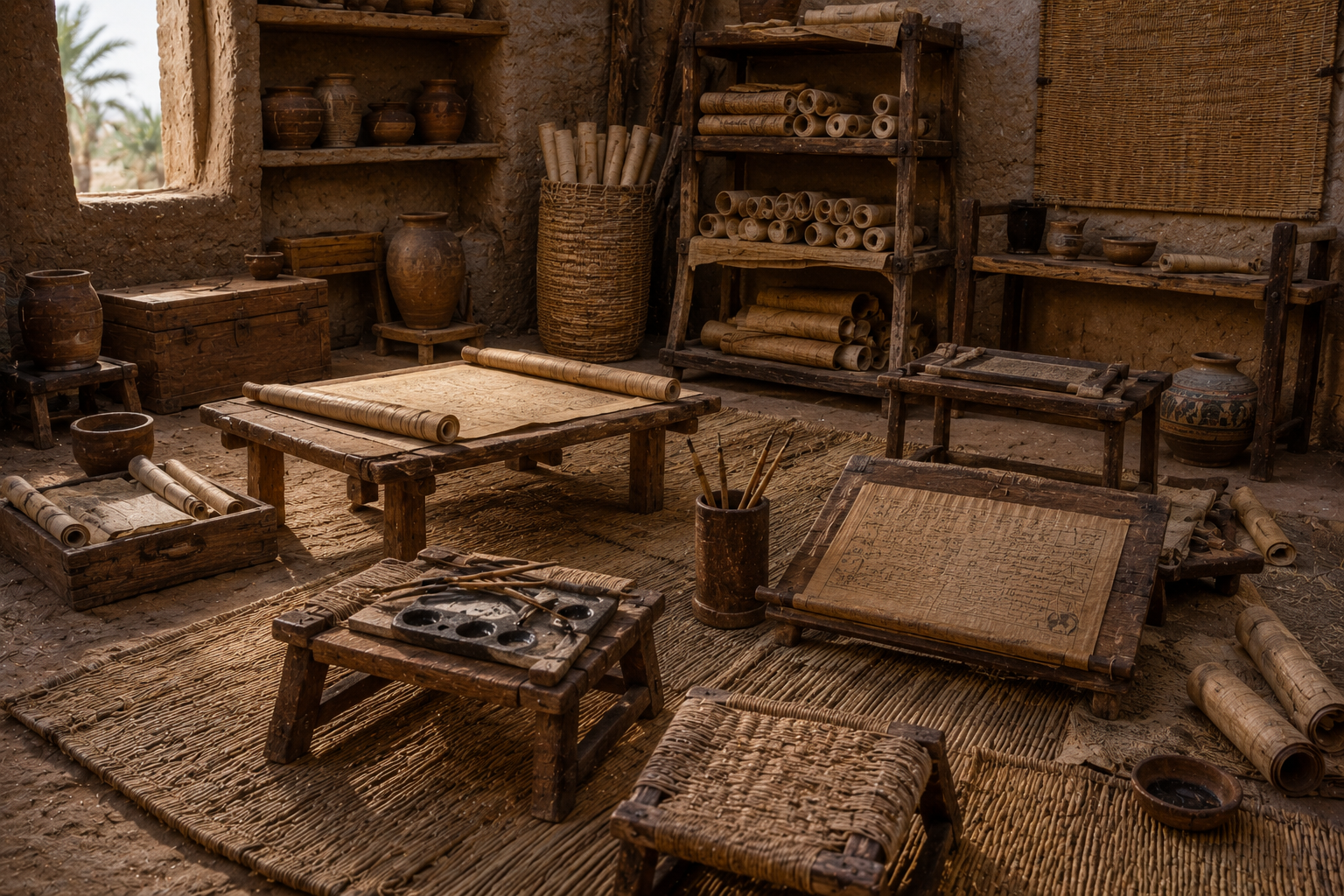 Ancient Egyptian learning space with writing tools