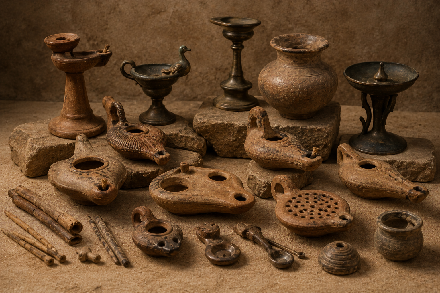 Ancient Egyptian oil lamps and lighting tools