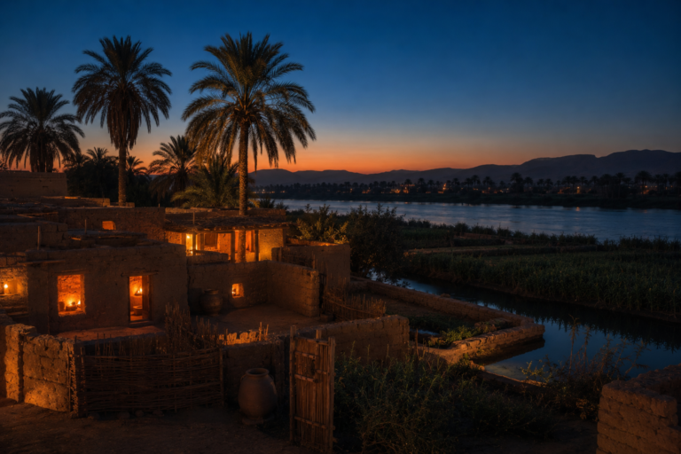 Ancient Egyptian village beside the Nile at dusk