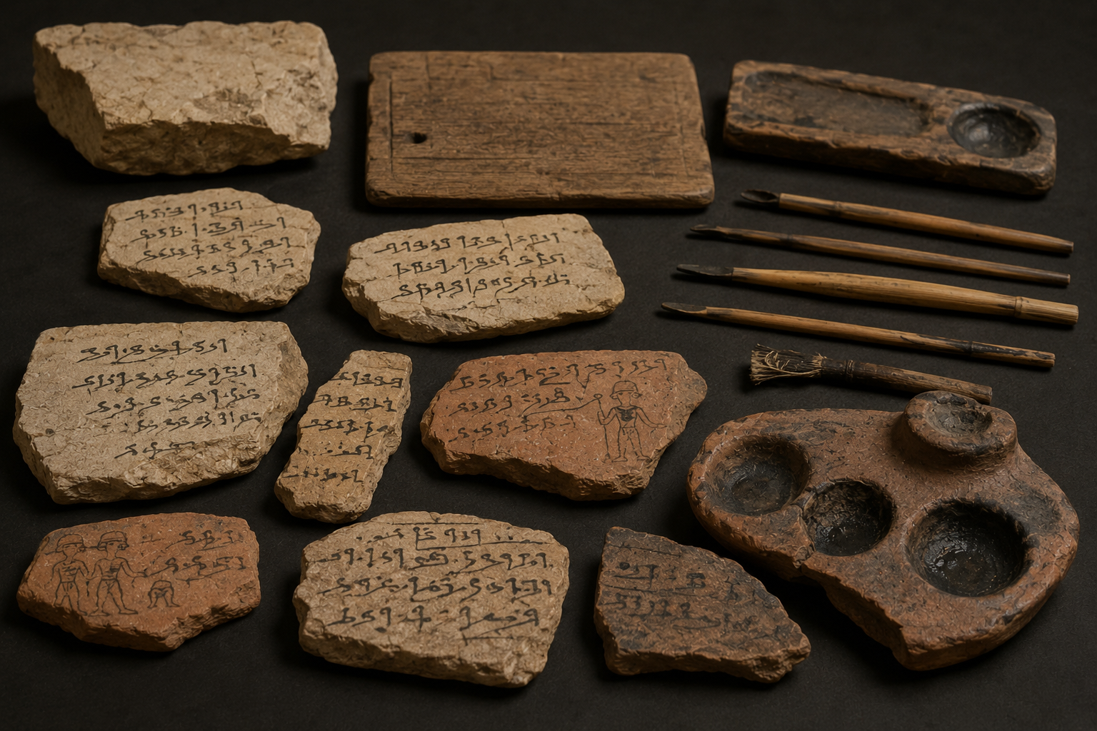 Ancient Egyptian ostraca and writing tools from Deir el-Medina