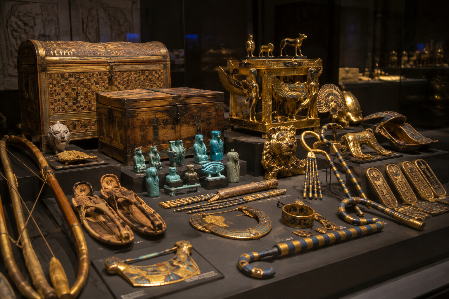 Artifacts associated with Tutankhamun displayed in a museum exhibition