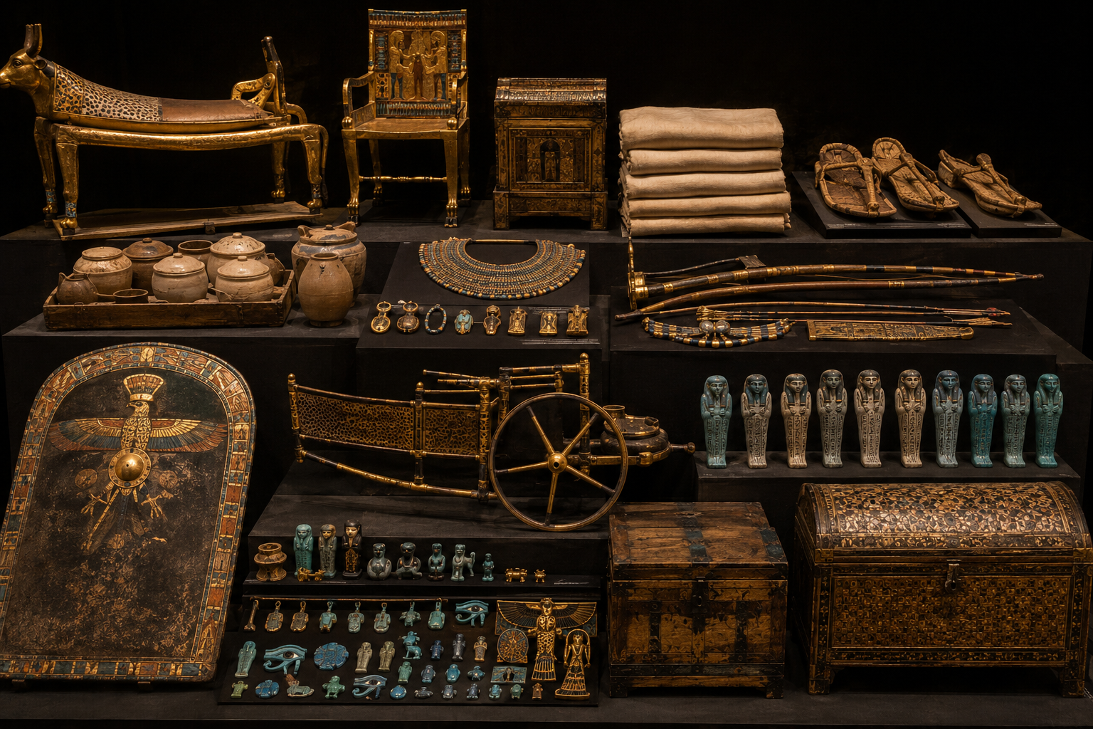 Different types of burial goods placed inside Tutankhamun's tomb