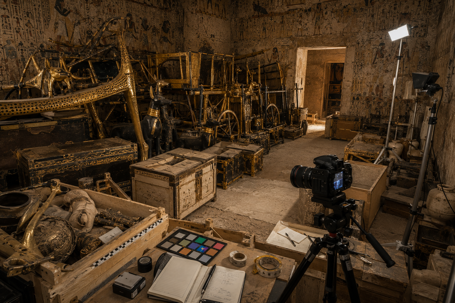 Archaeological documentation of Tutankhamun's treasures inside KV62 before their removal