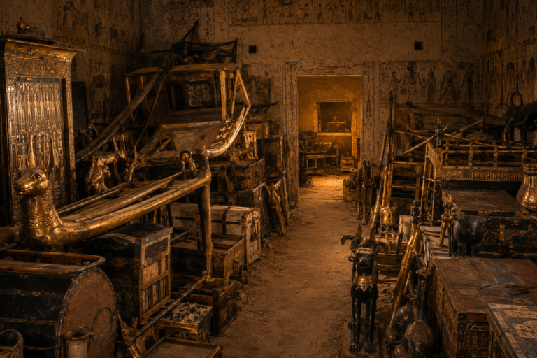 Inside Tutankhamun's tomb showing the crowded royal burial chambers