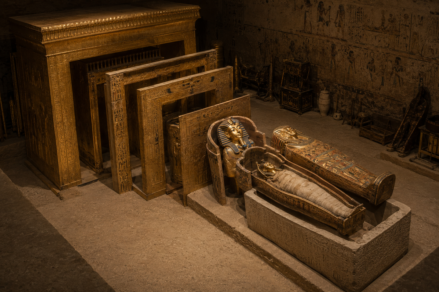 Nested shrines, sarcophagus, coffins, and funerary mask protecting Tutankhamun