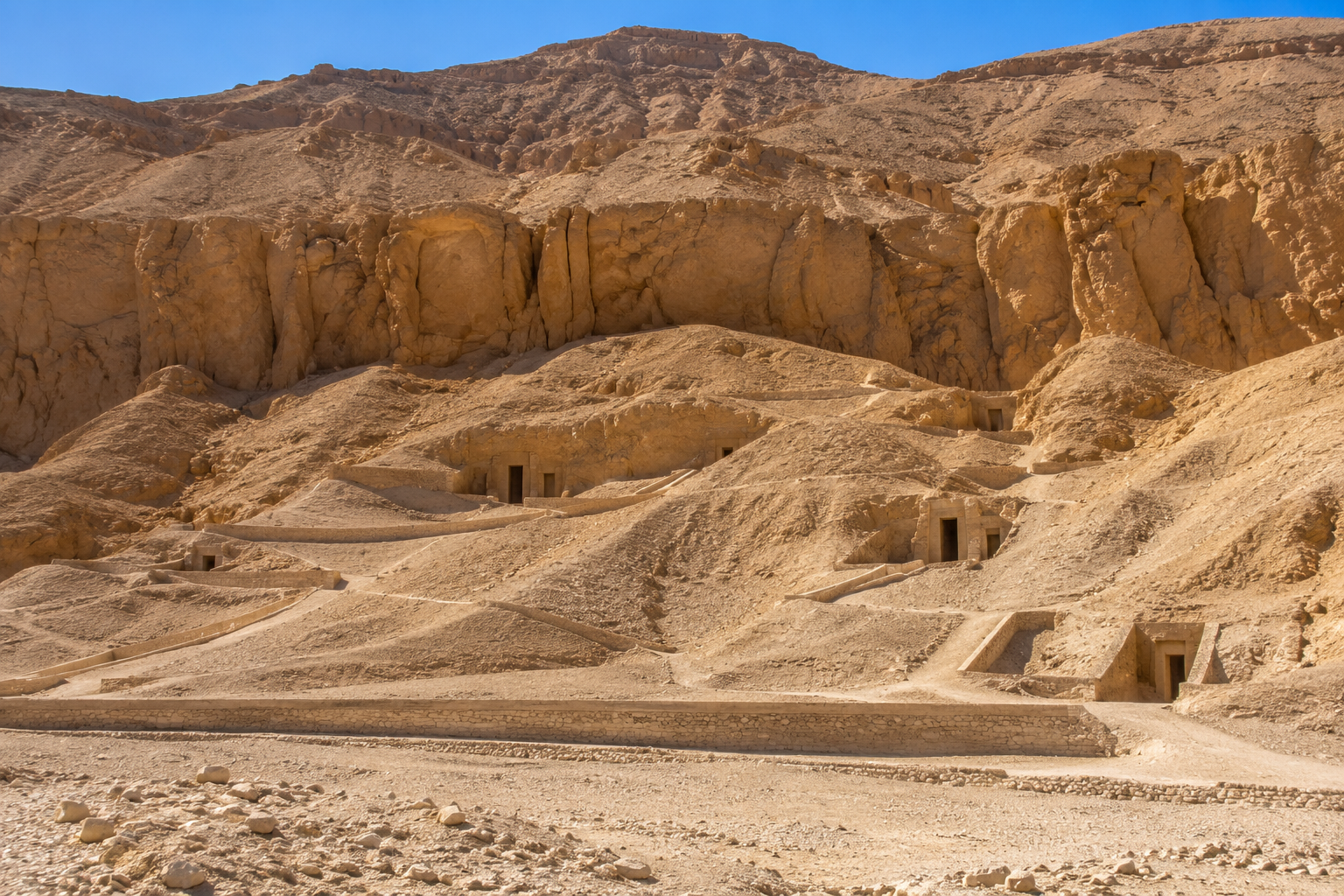 Panoramic view of the Valley of the Kings with ancient royal tomb entrances