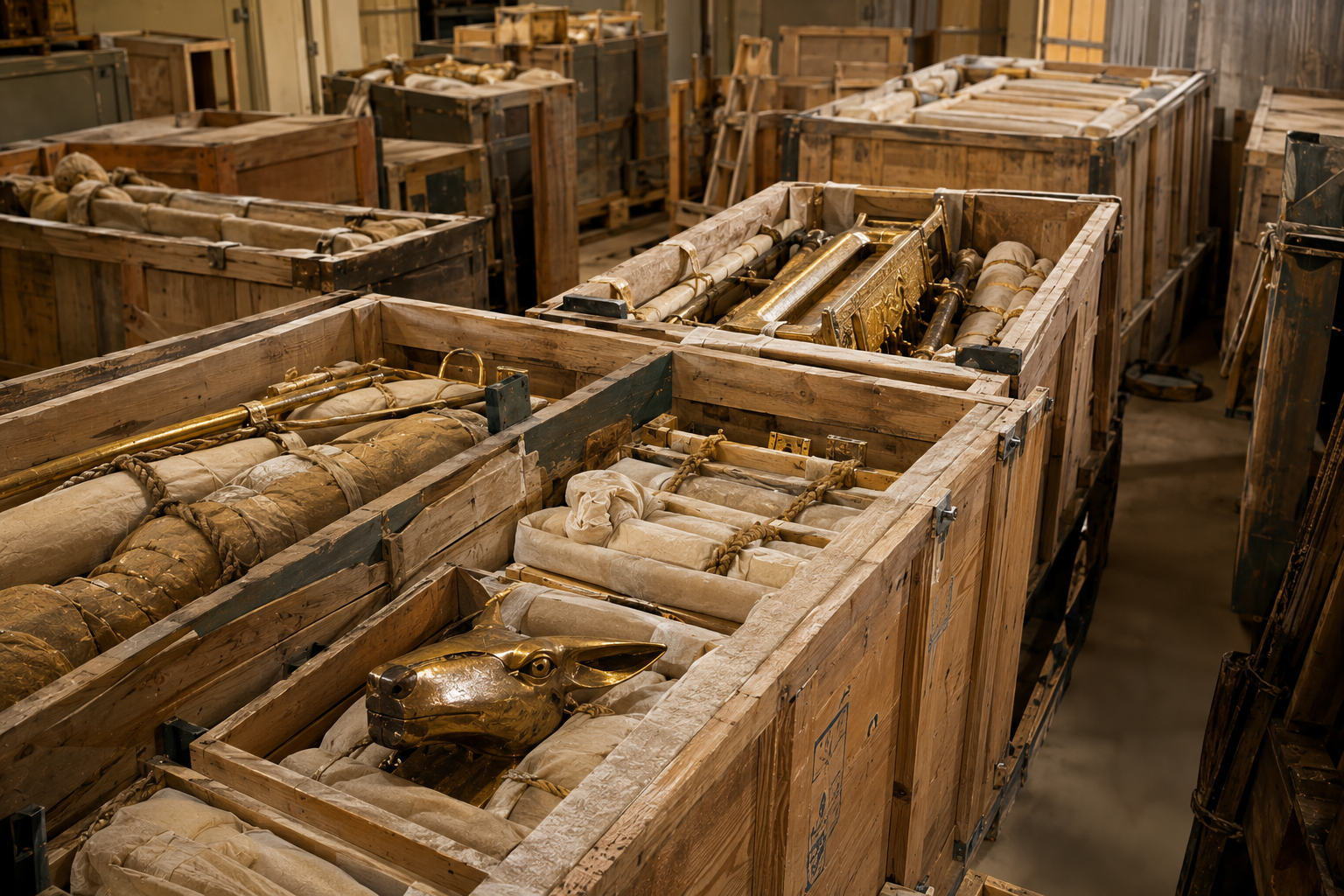 Protective wooden transport crates prepared for artifacts from Tutankhamun's tomb