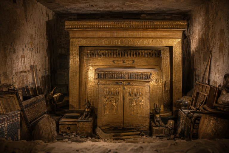 Nested golden shrines surrounding Tutankhamun's burial chamber before their discovery