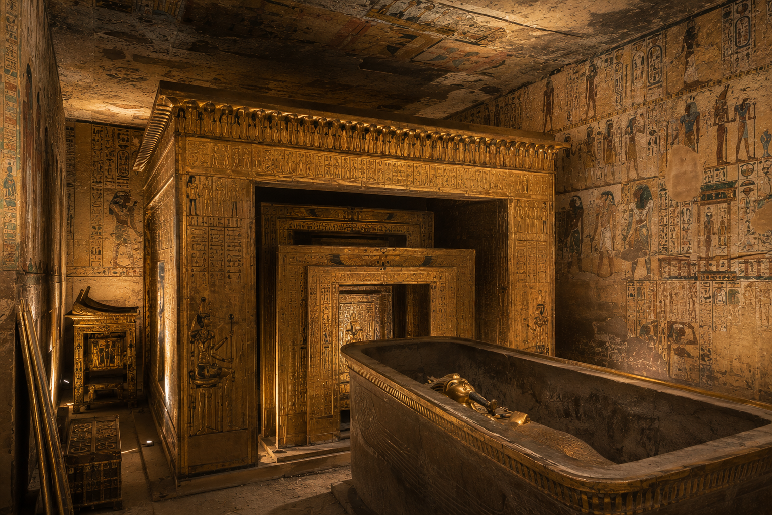 Tutankhamun's burial chamber surrounded by gilded shrines