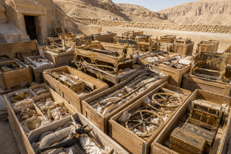 Tutankhamun's treasures displayed in a climate-controlled museum gallery