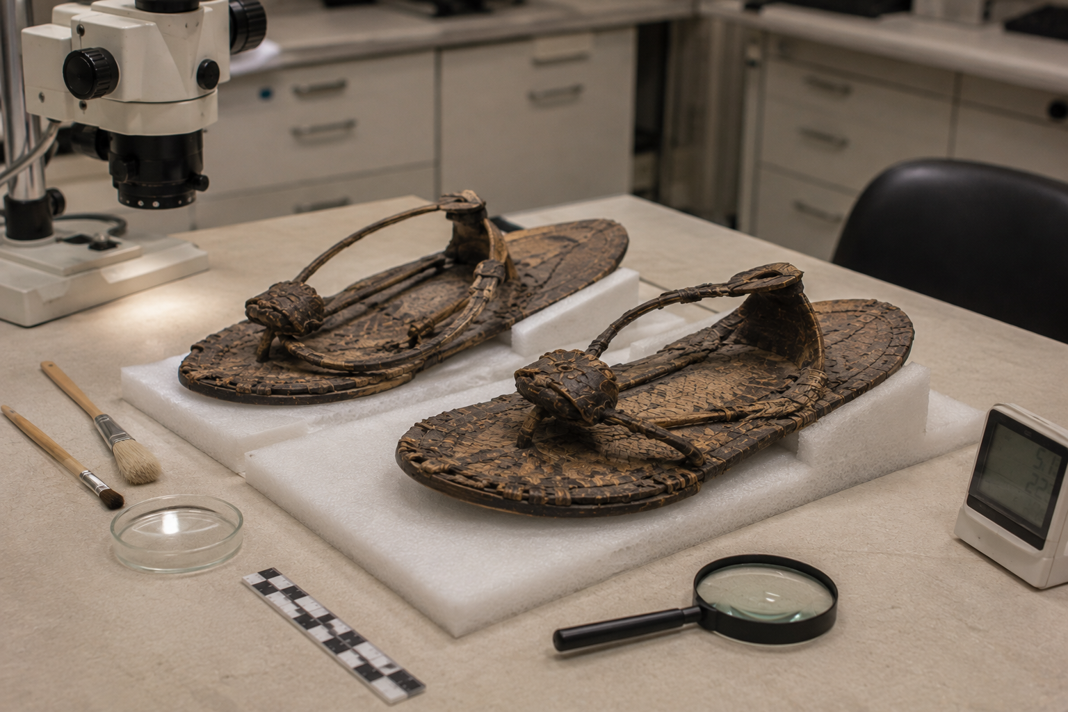 Ancient sandals from Tutankhamun's burial collection undergoing conservation examination