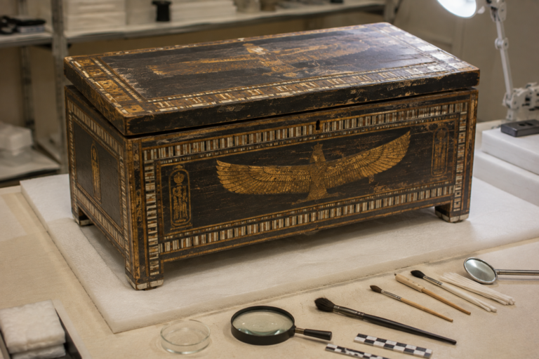 Decorated chest from Tutankhamun's burial collection undergoing conservation