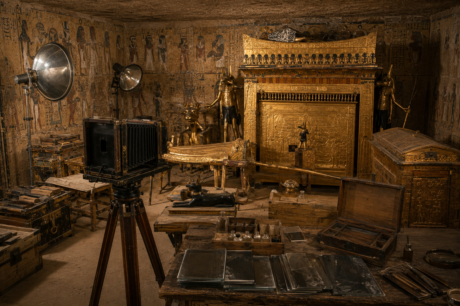 Large-format camera documenting Tutankhamun's burial chamber during excavation