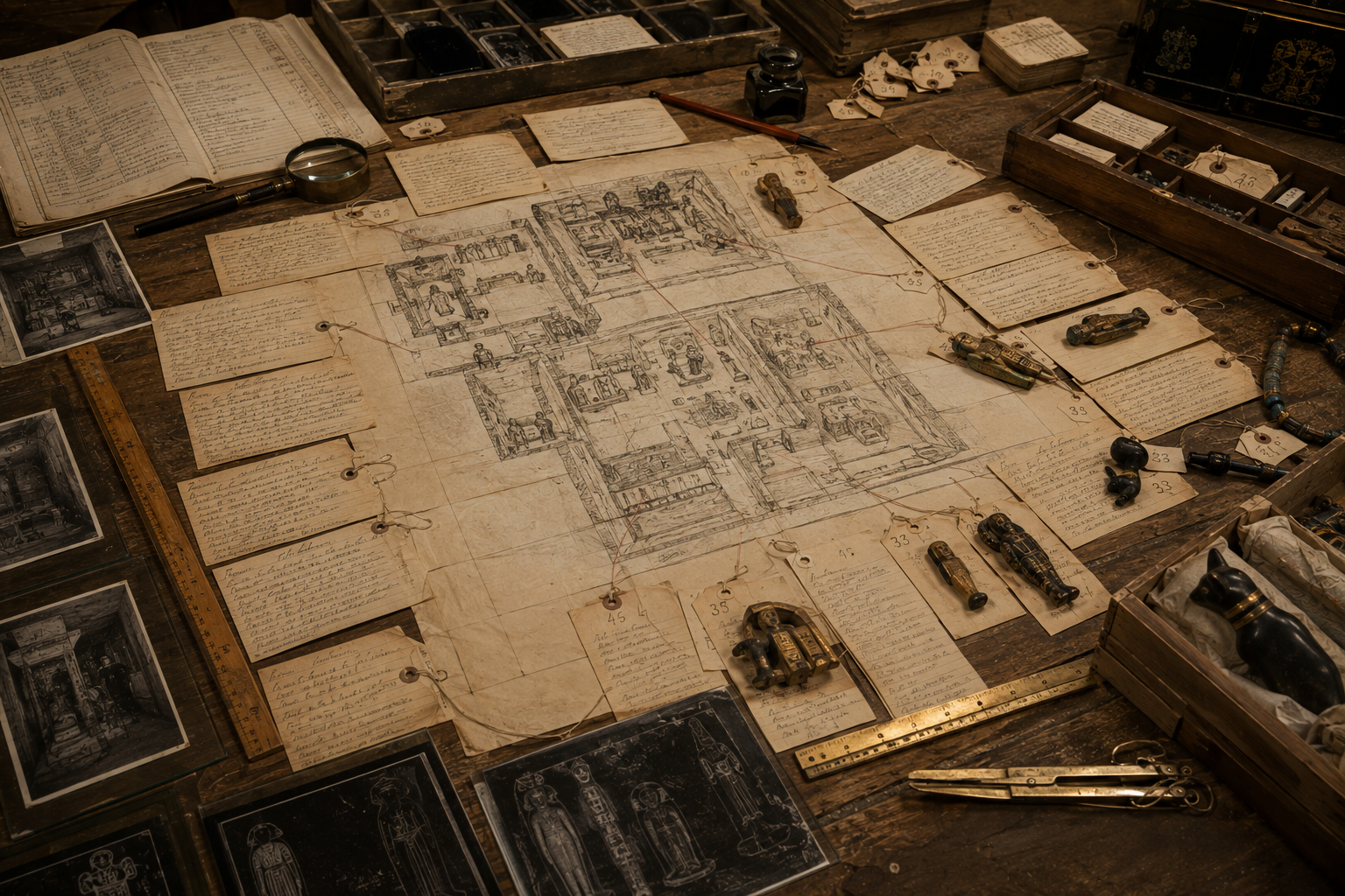 Maps and object records documenting the locations of artifacts inside Tutankhamun's tomb