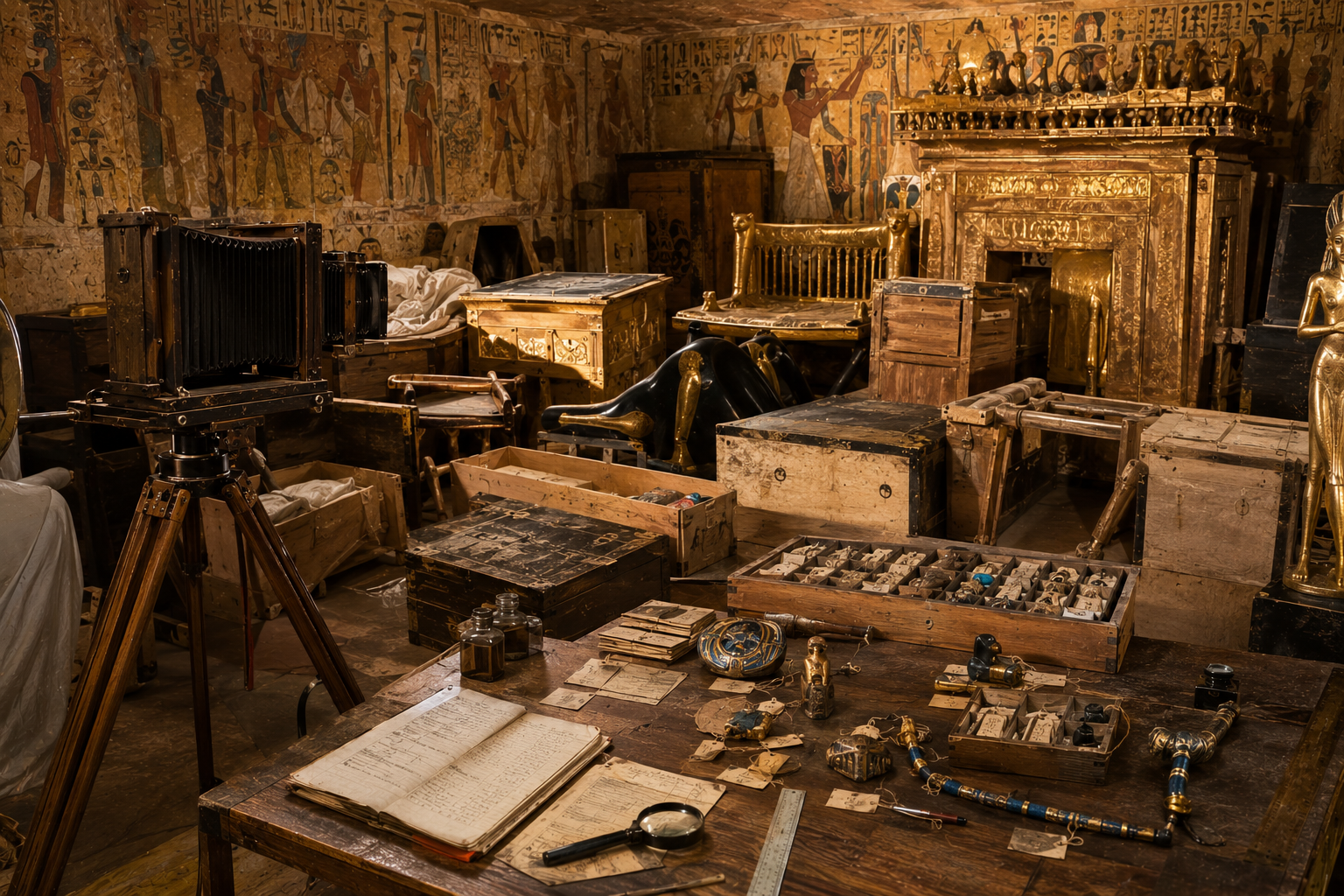 Photography equipment used to document artifacts inside Tutankhamun's tomb