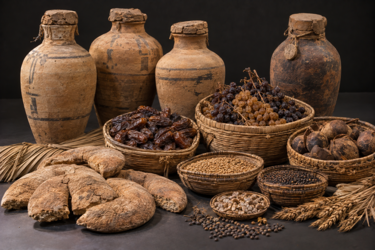 Ancient Egyptian baskets of dried fruit, seeds and bread inspired by food found in Tutankhamun's tomb