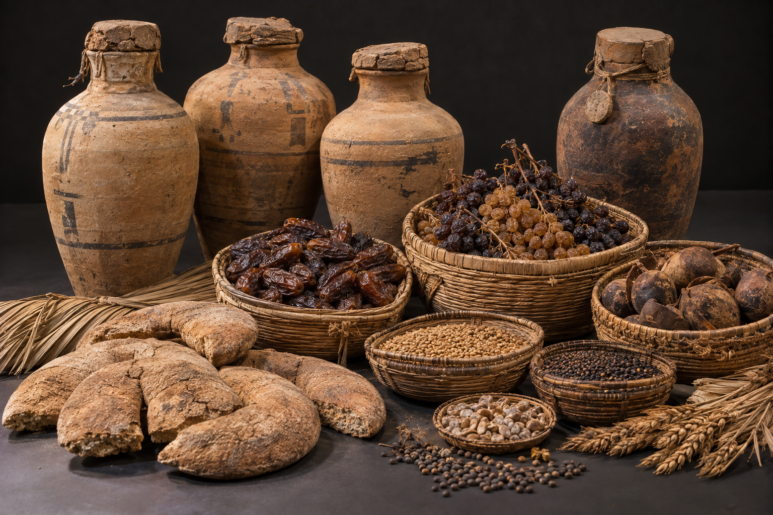 Ancient Egyptian baskets of dried fruit, seeds and bread inspired by food found in Tutankhamun's tomb
