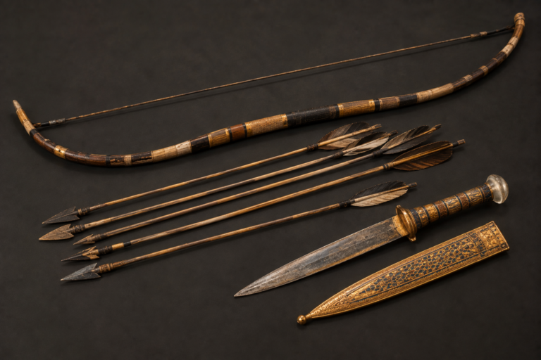 Ancient Egyptian bows, arrows and dagger inspired by weapons found in Tutankhamun's tomb