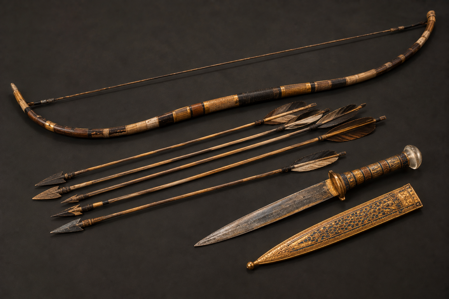 Ancient Egyptian bows, arrows and dagger inspired by weapons found in Tutankhamun's tomb