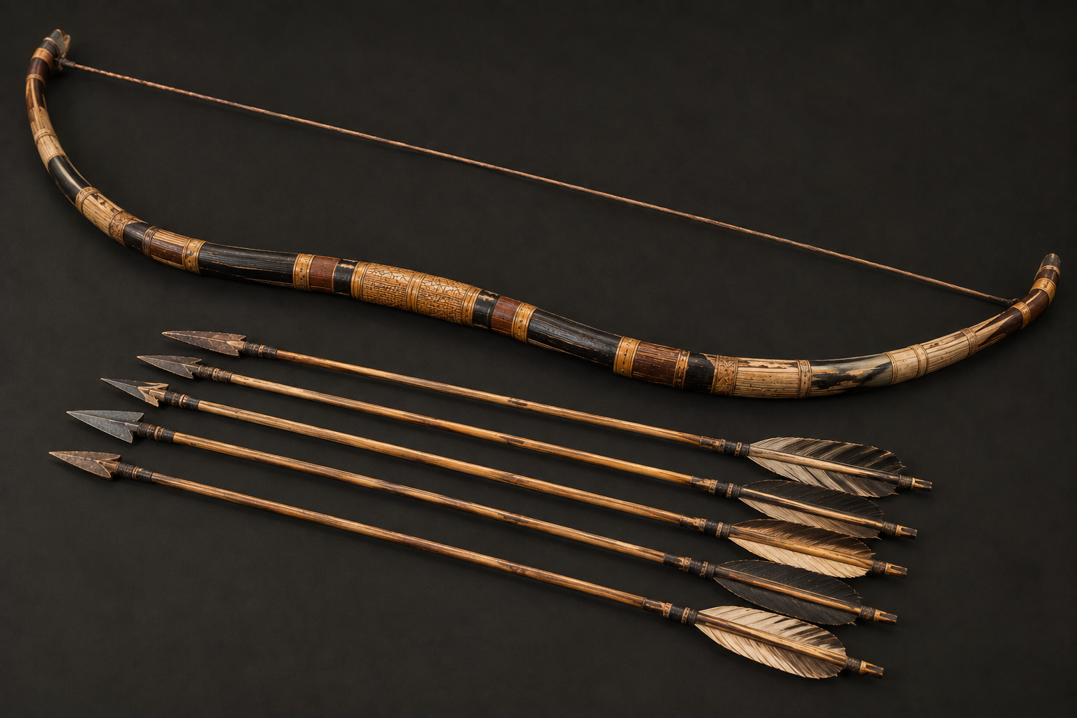 Ancient Egyptian composite bow and arrows inspired by archery equipment from Tutankhamun's tomb