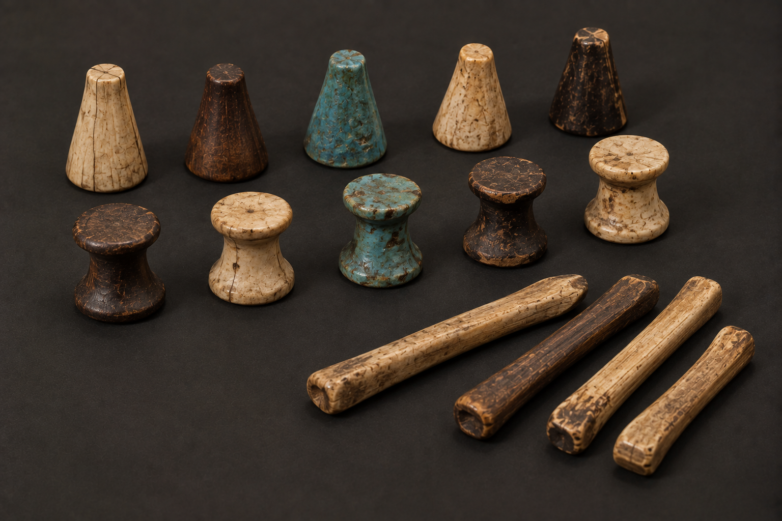 Ancient Egyptian gaming pieces and casting sticks used for board games