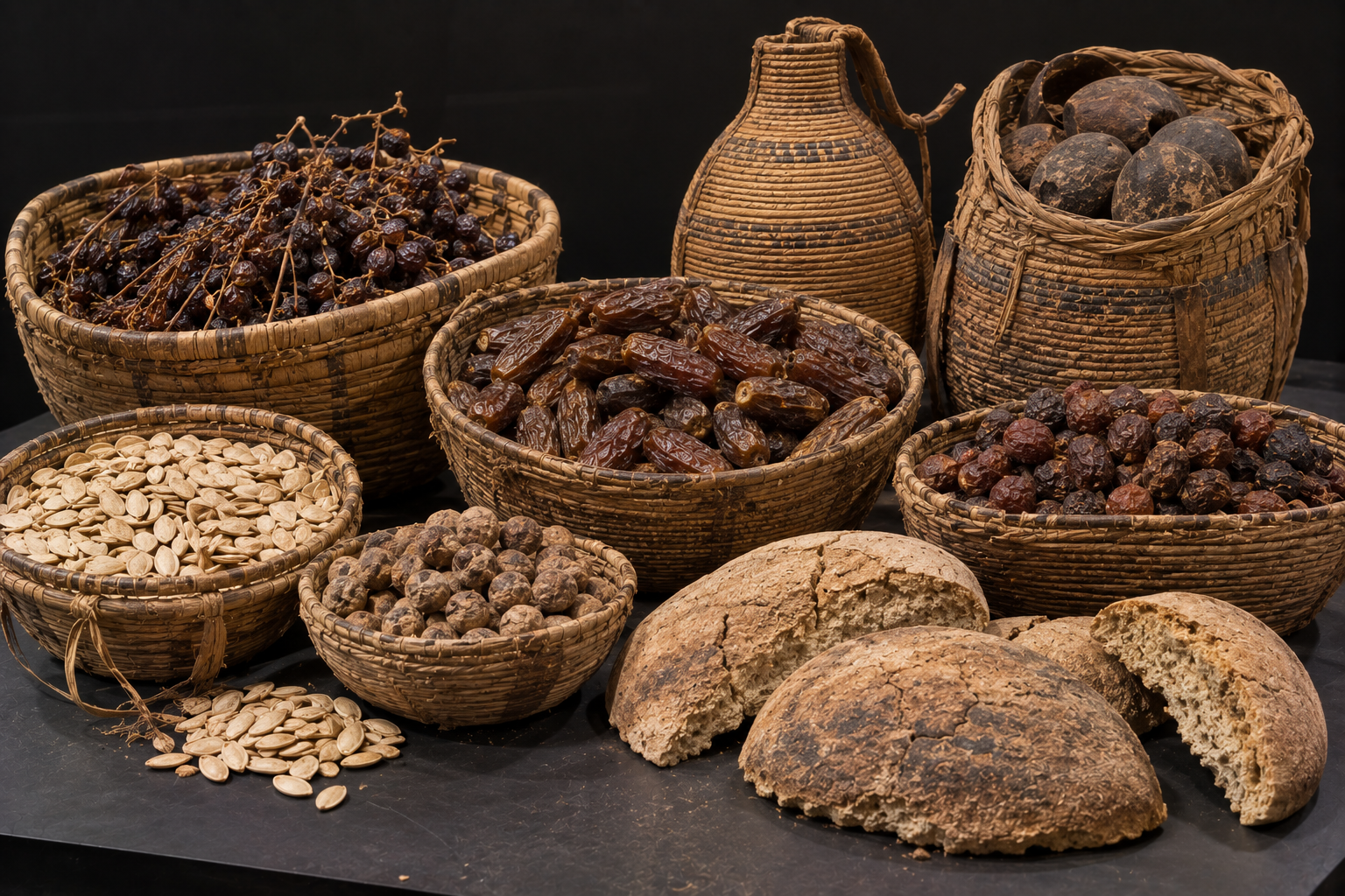 Ancient food baskets, bread and wine jars inspired by provisions found in Tutankhamun's tomb