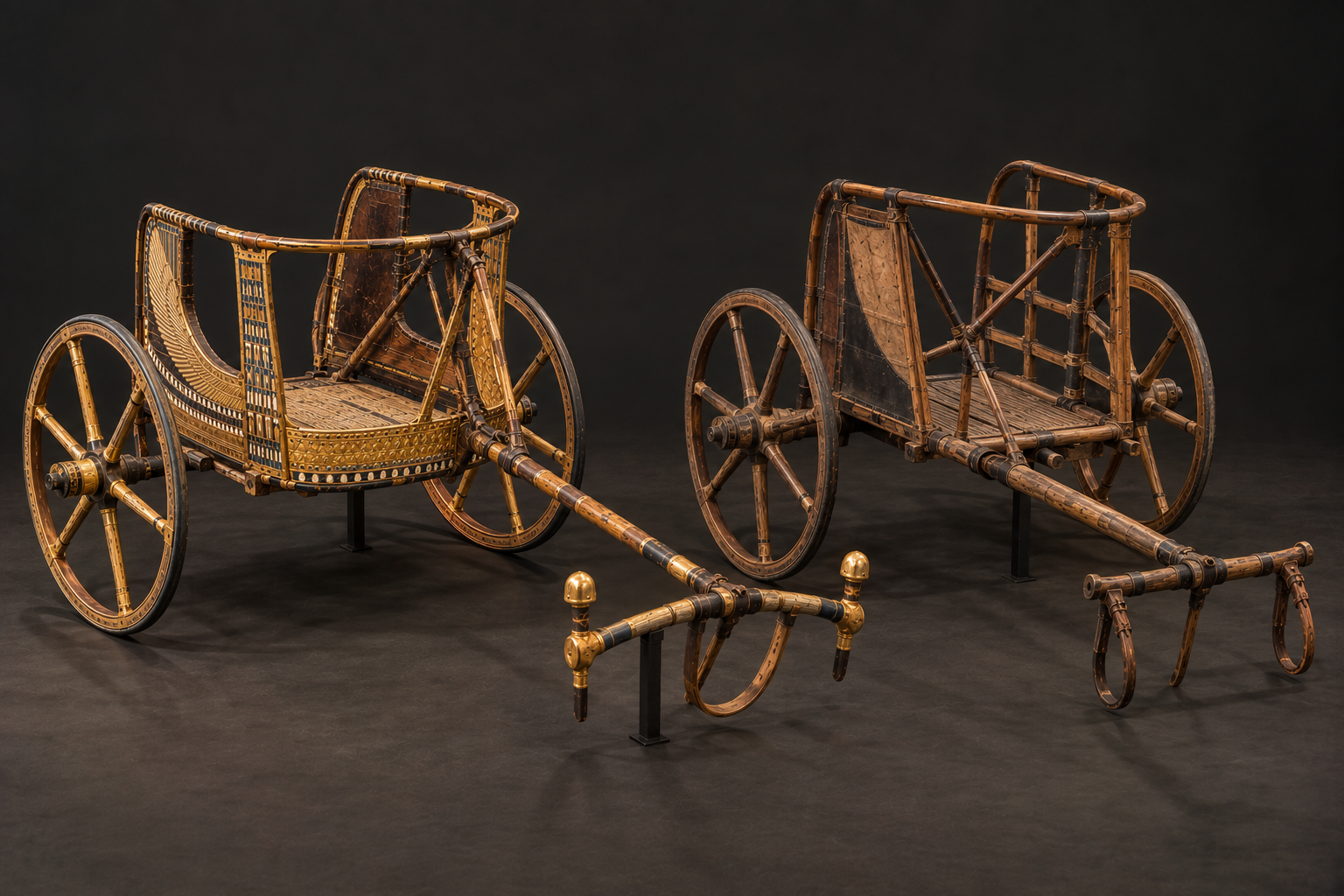 Decorated royal State chariot beside a plainer ancient Egyptian open chariot