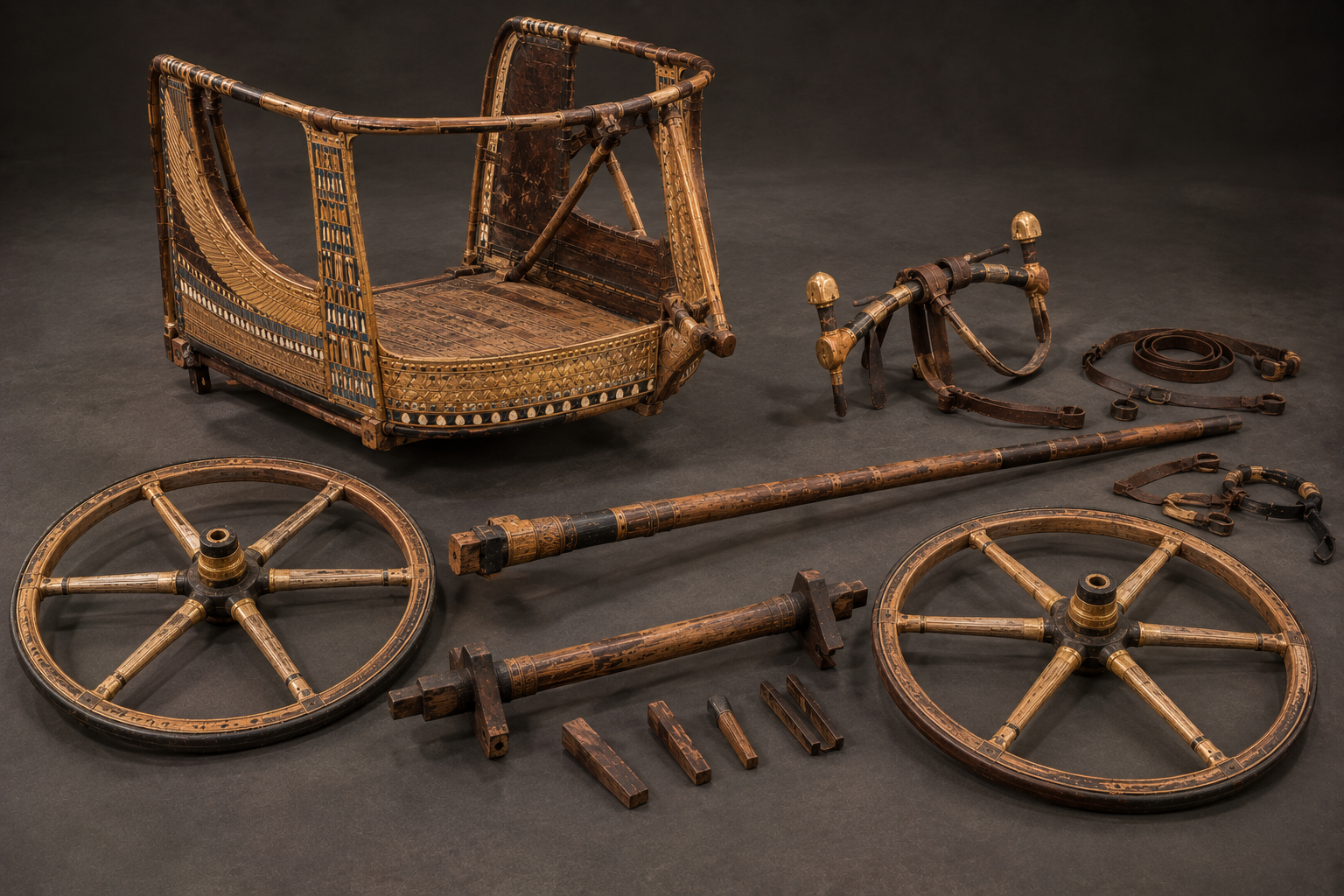 Dismantled ancient Egyptian chariot showing wheels, axle, body, pole and yoke