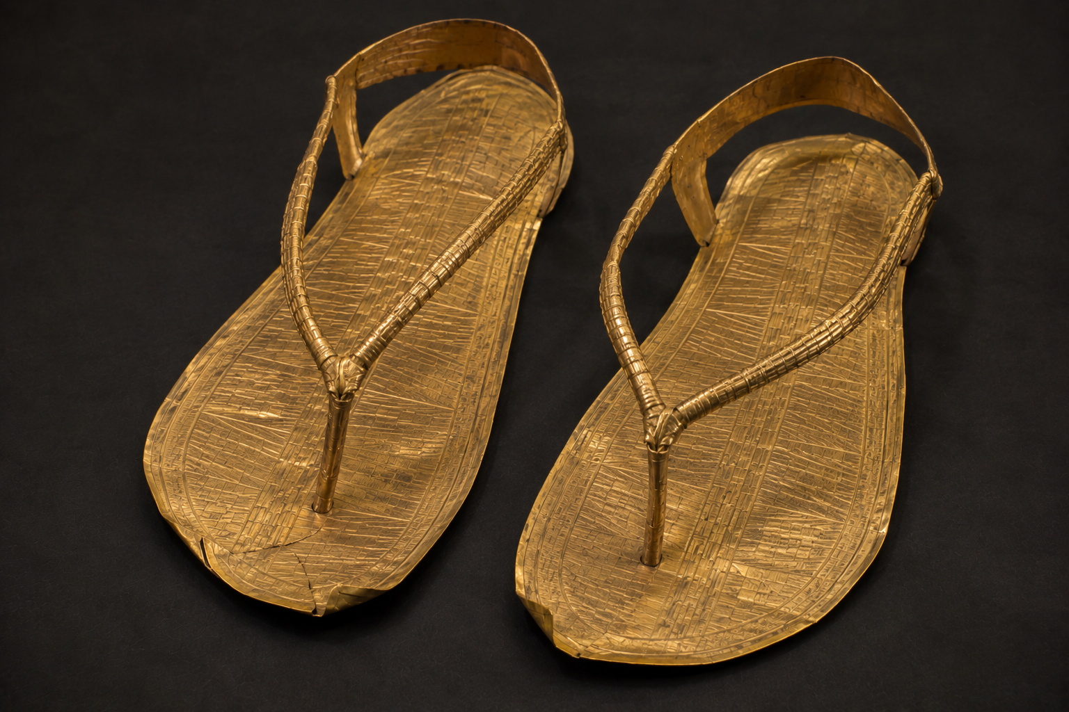 Gold funerary sandals documented on Tutankhamun's mummy