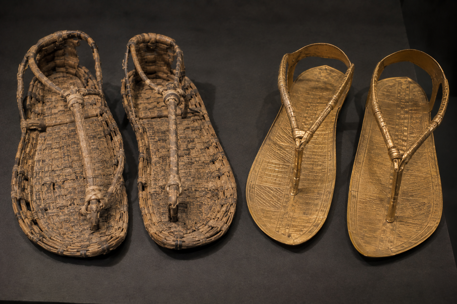 Woven and gold sandals associated with Tutankhamun's burial collection