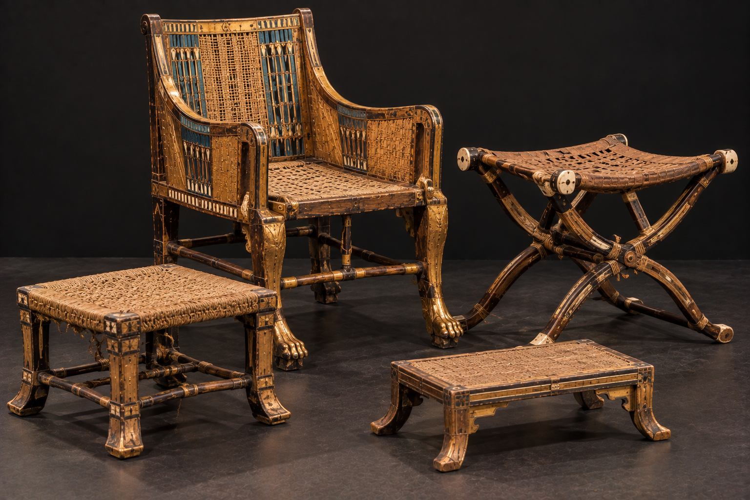 Ancient Egyptian chairs, stools and footstools inspired by furniture found in Tutankhamun's tomb