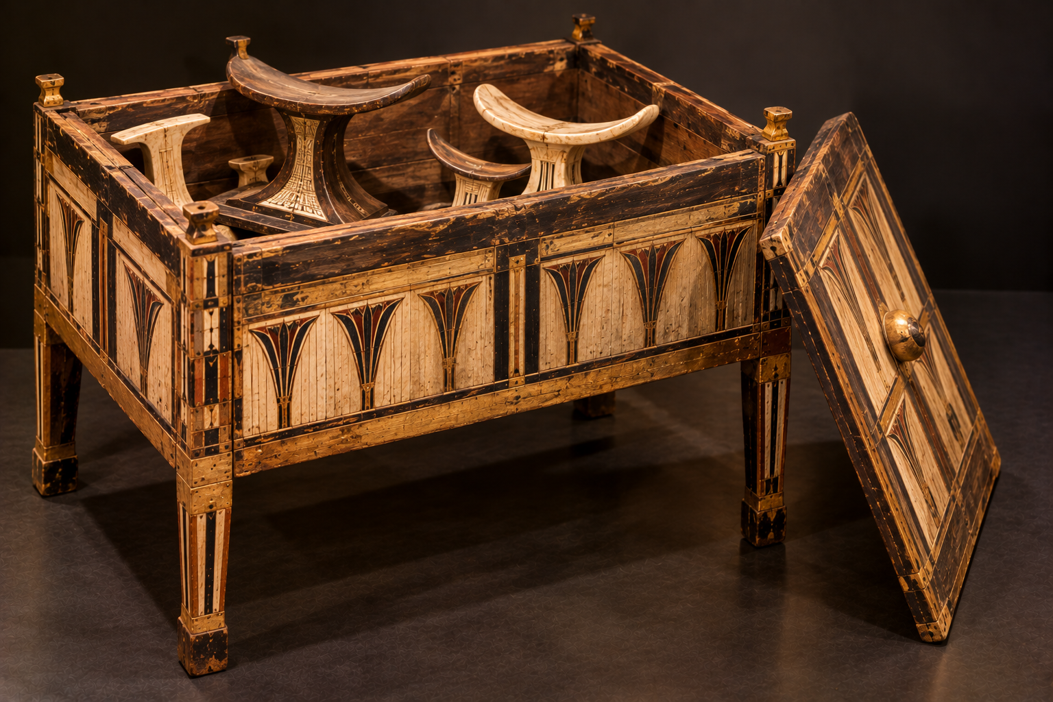 Archaeological reconstruction of an ancient Egyptian wooden chest containing headrests, inspired by a box found in Tutankhamun's tomb