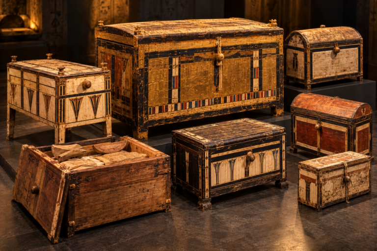 Ancient Egyptian wooden storage boxes and decorated chests inspired by the 71 boxes found in Tutankhamun's tomb.