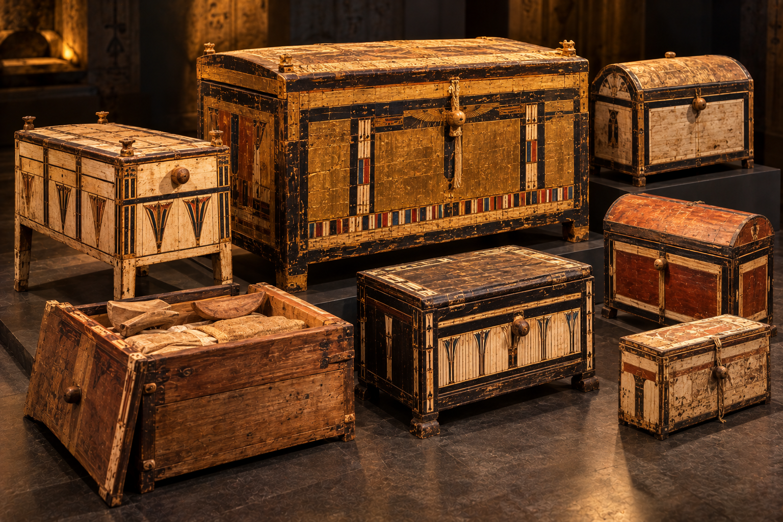 Ancient Egyptian wooden storage boxes and decorated chests inspired by the 71 boxes found in Tutankhamun's tomb.