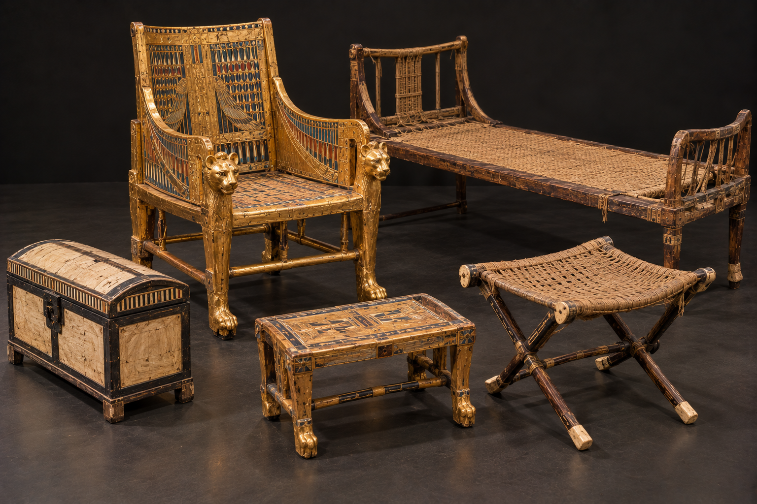 Ancient Egyptian beds, chairs, stools and boxes inspired by furniture found in Tutankhamun's tomb