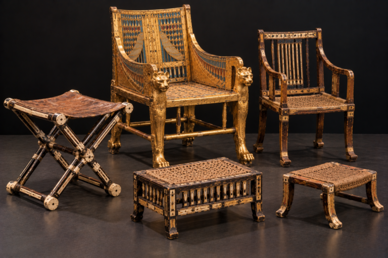 Ancient Egyptian chairs, throne, stools and footstools inspired by seating found in Tutankhamun's tomb