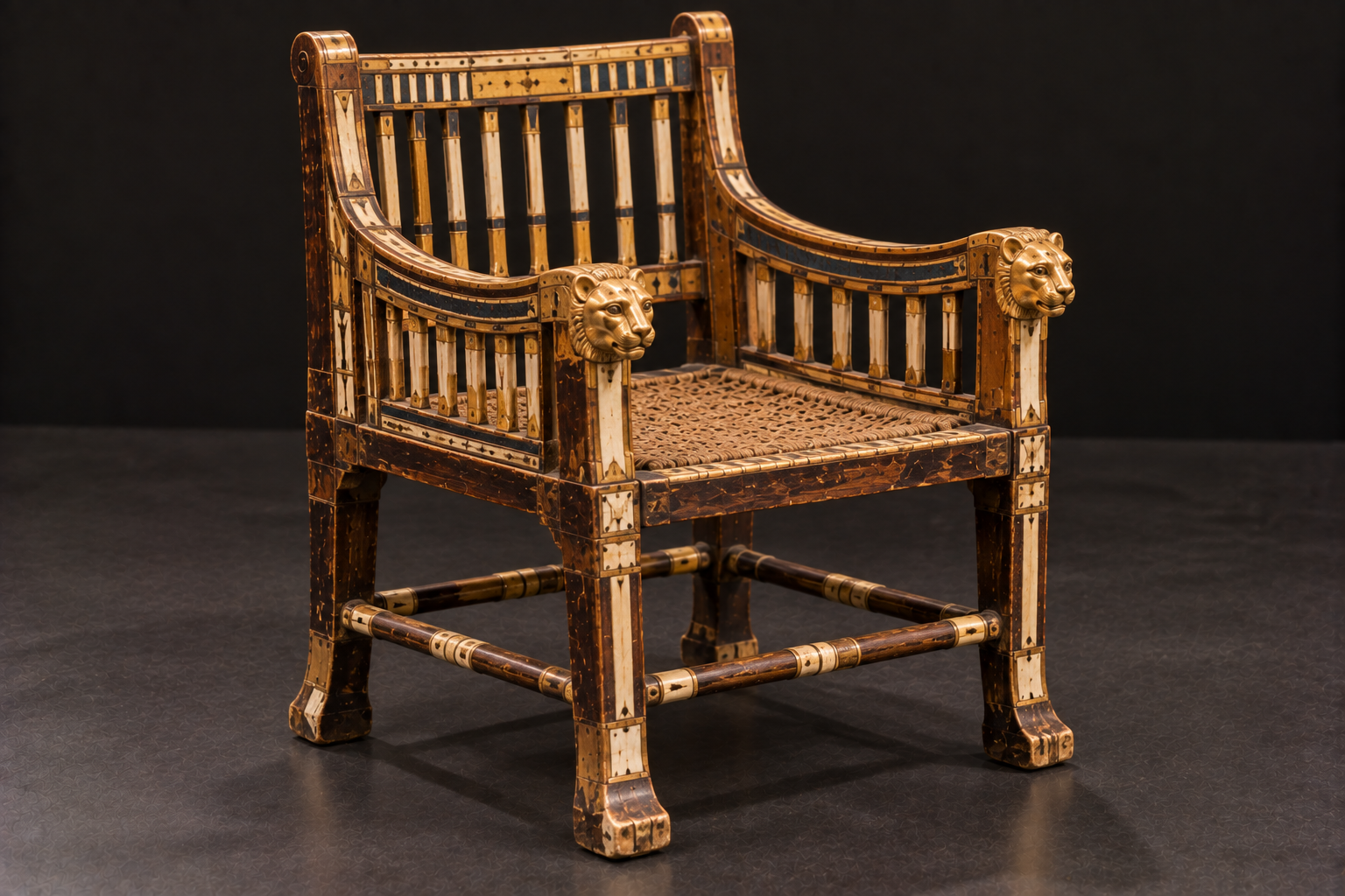 Ancient Egyptian inlaid royal throne chair inspired by seating found in Tutankhamun's tomb