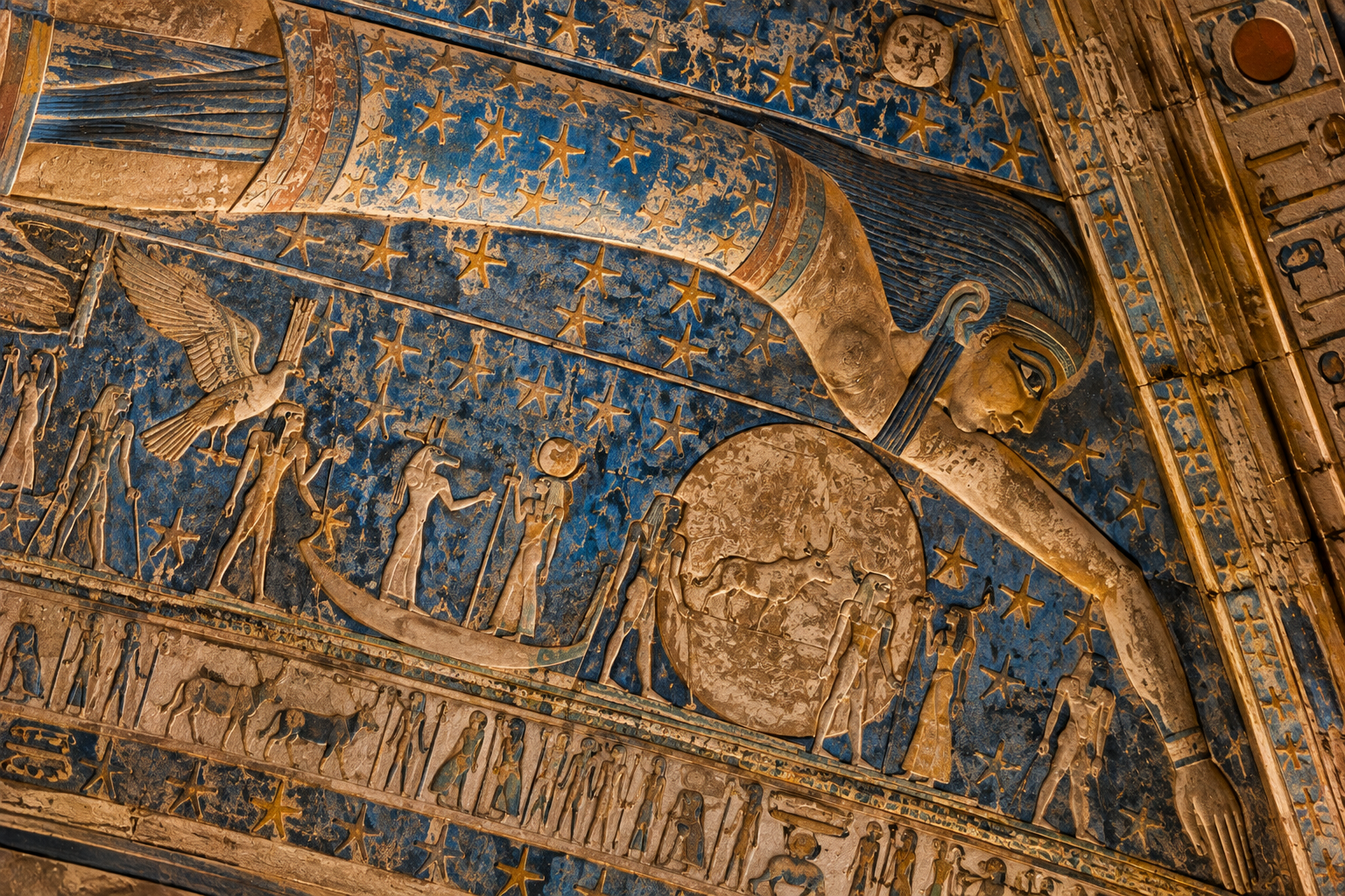 Illustrative ancient Egyptian starry ceiling relief with celestial figures and painted astronomical decoration inspired by Dendera Temple