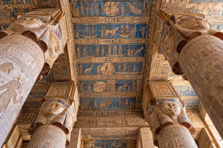 Illustrative view of the astronomical ceiling and Hathor-headed columns inside Dendera Temple in Egypt.