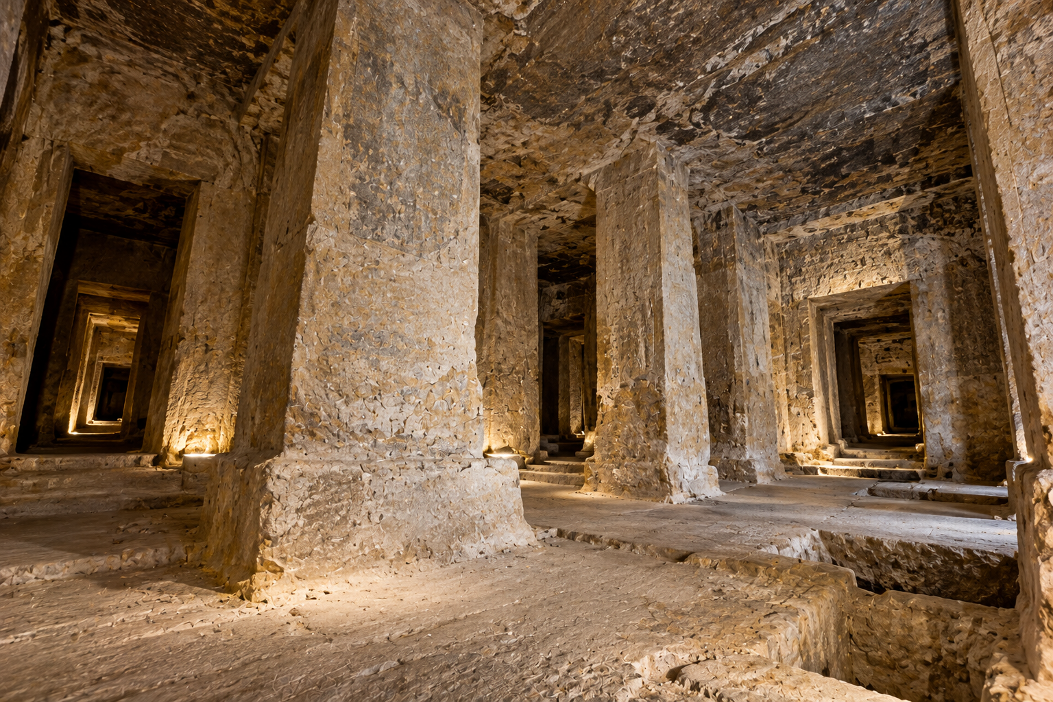 Illustrative ancient Egyptian limestone tomb chamber with rock-cut architectural features inspired by the underground tombs of the Valley of the Kings
