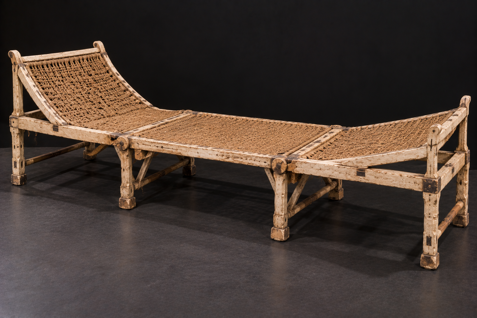 Three-part folding bed inspired by the portable bed found in Tutankhamun's tomb