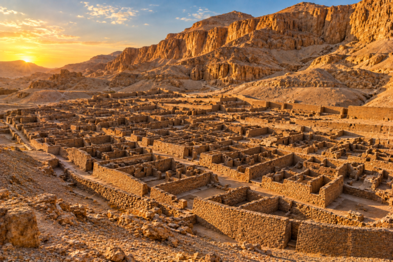 Aerial view of Deir el-Medina, the ancient Egyptian village of royal tomb builders near Luxor.
