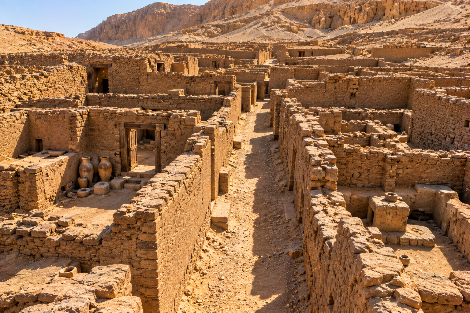 Illustrative view of ancient village ruins in a golden desert landscape, representing the setting of Deir el-Medina near Luxor