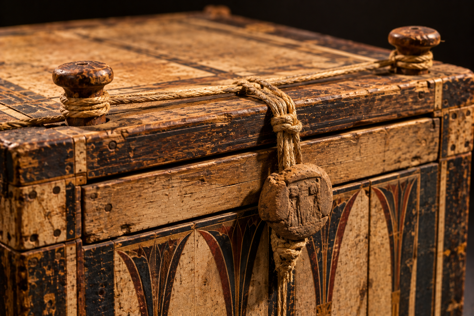 Illustrative reconstruction of an ancient Egyptian wooden chest with a cord-and-clay sealing arrangement